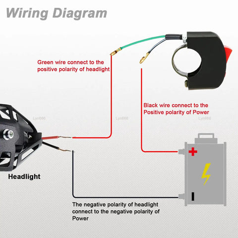 Wiring diagram for Universal 12V DC Motorcycle Handlebar Push Button On Off Switch with 18 Inch Wire 10A and red LED light