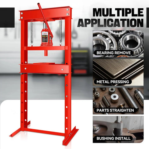 Heavy Duty 20 Ton Hydraulic H Frame Shop Press With Adjustable Stamp Plate for tasks like bearing removal and metal pressing.