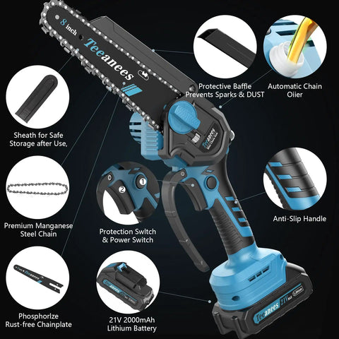 Cordless Mini Chainsaw With Dual 8 Inch And 6 Inch Guide Bars, 1000W Battery Powered Saw With Two Batteries And Eight Chains For Quick Wood Cutting Details