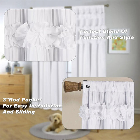 White Blackout Drapes With Handmade Ruffles And Butterfly Flower Accents, Heavy Thermal Window Curtain Set, 54 By 84 Inches, Two Panels.