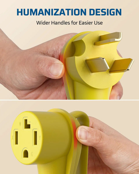 Close-up of 4 Prong To 3 Prong Dryer Plug Adapter NEMA 10-30P To 14-30R with ergonomic grip design, 1.5 ft cord.