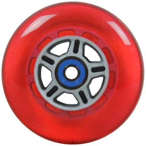 Red 100mm scooter wheel with ABEC 7 bearings, 88A urethane material, designed for Razor and most scooters, high rebound.