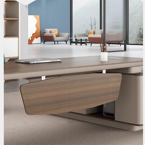 Ultimate Sit Stand Desk Boss Level Workstation Smooth Motorized Lift Rock Solid Build Water Based Eco Finish with storage drawer.