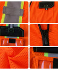 Close-up of Boss Level High Visibility Reflective Safety Vest For Men And Women Featuring Long Sleeves And Storage Pockets.