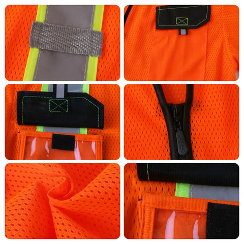 Close-up of Boss Level High Visibility Reflective Safety Vest For Men And Women Featuring Long Sleeves And Storage Pockets.