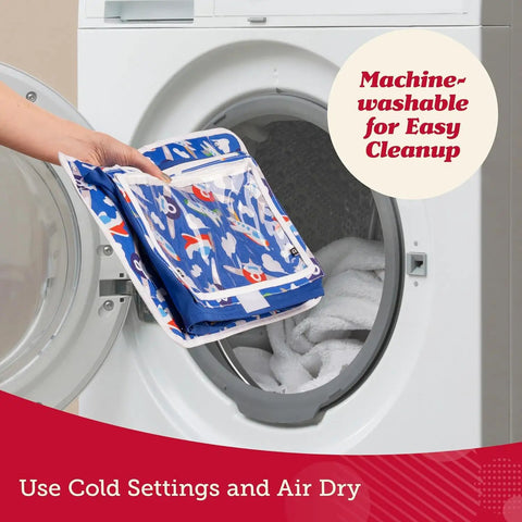 Dinosaur-themed kids airplane tray table cover being placed in washing machine for easy cleaning.