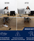 Before and after view of under desk cable management net flexible wire organizer tray white keeps cables neat and chaos out of sight