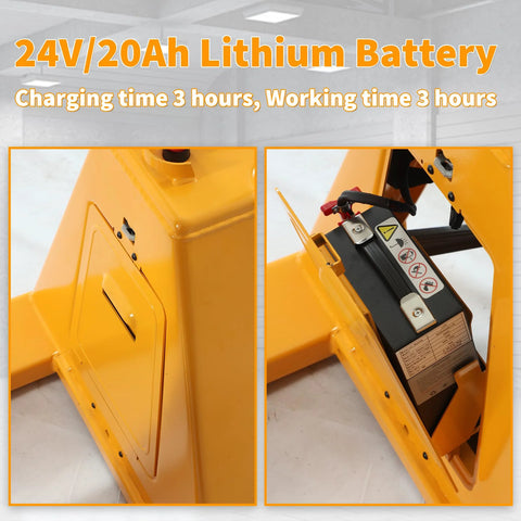 APOLLOLIFT electric pallet jack, yellow lithium-battery powered pallet truck, shown from side and battery-compartment views