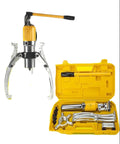 Heavy Duty Hella Strong Hydraulic Gear Puller For Wheel Bearings And Hub Extraction 5 Ton Capacity in yellow carrying case.