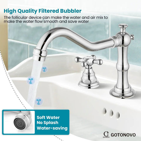 Dope Vintage Chrome 8 Inch Widespread Bathroom Faucet With Two Cross Handles in use, showing water flow and aerator detail