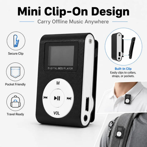 Clip On Mini MP3 Player With USB Clip, Ultra Compact Music Player For On The Go, Supports Up To 32GB Micro SD Card, Stores Thousands Of Songs