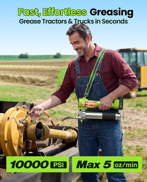 Man using Lock On Trigger Cordless Electric Grease Gun Workhorse Kit with 40 Inch Hose on farm equipment outdoors