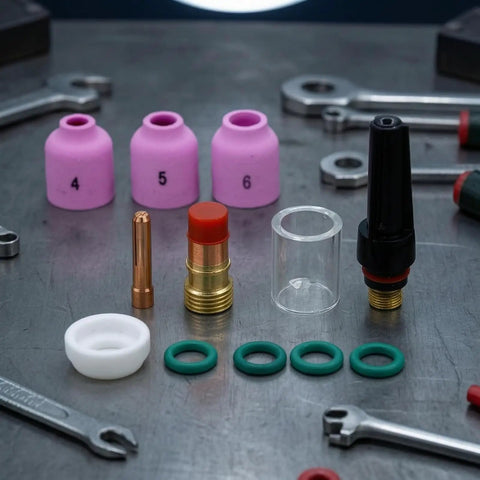 Heavy Duty Tig Torch Consumables Kit With Copper Collet Body And Clear Cup For Clean Welds. Ceramic nozzles and replacement parts laid out.
