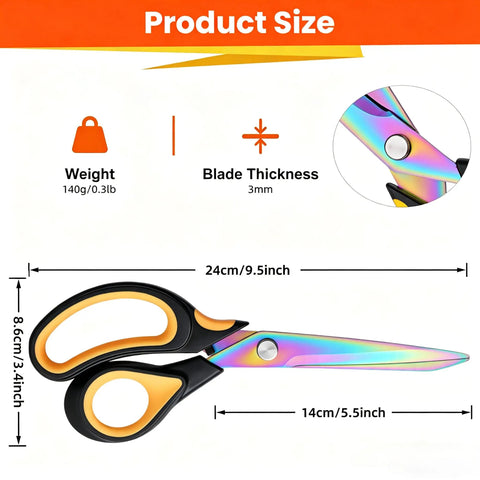 9.5 Inch Heavy Duty Titanium Coated Forged Stainless Steel Scissors For Fabric Leather Dressmaking Tailoring Home Office School Ultra Sharp All Purpose Shears That Slice Through 16 Plus Layer Fabrics Like Butter, 24cm size, 3mm blade