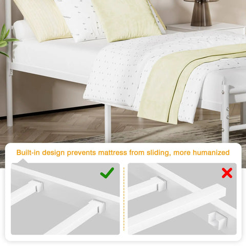 Rock Solid Heavy Duty White Twin Bed Frame With Headboard And Footboard Metal Platform Base showcasing built-in design preventing mattress sliding.