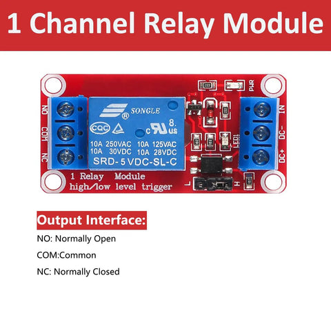 1 Channel Relay Module with optocoupler, handles 10A at 250V AC, for low voltage signal control of appliances.