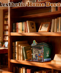 Cozy Coffee Shop 3D Wood Miniature Kit With LED Lights For Adults DIY Tiny House Model for Bookshelf Decor displayed on shelf