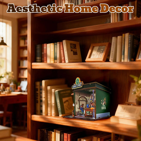 Cozy Coffee Shop 3D Wood Miniature Kit With LED Lights For Adults DIY Tiny House Model for Bookshelf Decor displayed on shelf