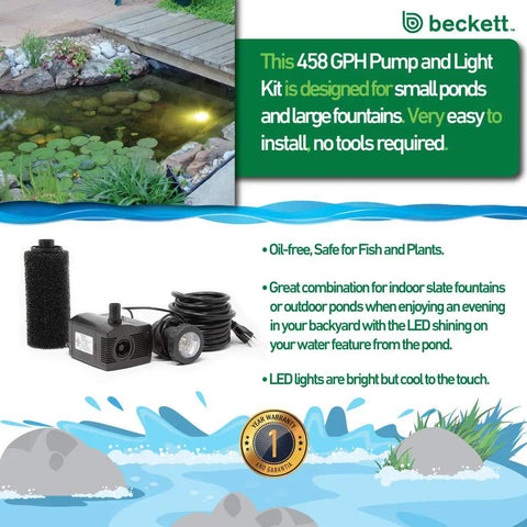 LV450T 458 GPH Submersible LED Light Water Pump Kit For Indoor Outdoor Ponds Fountains Fish Tanks Aquariums And Waterfalls With Foam Filter Black Finish on display with pond.