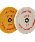 Eight Inch Cotton Buffing Wheel Kit For Bench Grinders And Polishing Tools With Five Eighths Inch Arbor, yellow and white wheels.