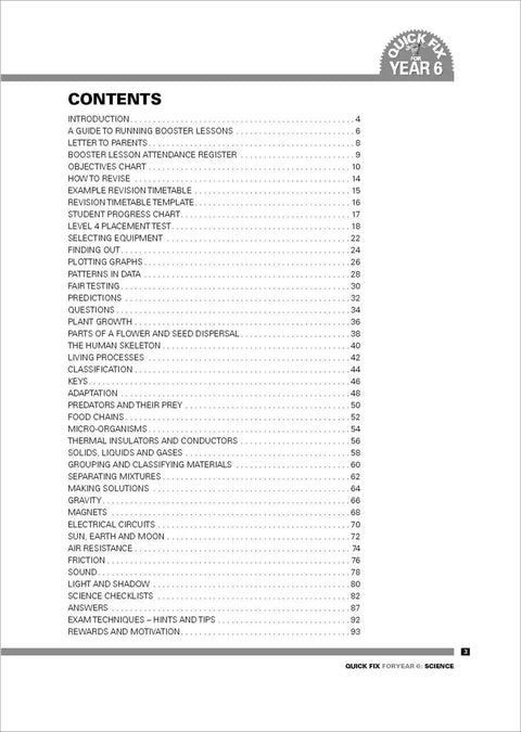 Contents page of the Quick Fix Year Six Science Crash Course Study Guide Plus Twelve Week Homework Plan, featuring topics and page numbers.