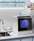 Compact Portable Dishwasher Featuring Six Wash Cycles Plus Quick Auto Dry For Effortless Cleanup In Tight Apartments RV Vans And Tiny Kitchens showing dual water filling modes with a tank and faucet connection.