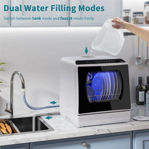 Compact Portable Dishwasher Featuring Six Wash Cycles Plus Quick Auto Dry For Effortless Cleanup In Tight Apartments RV Vans And Tiny Kitchens showing dual water filling modes with a tank and faucet connection.