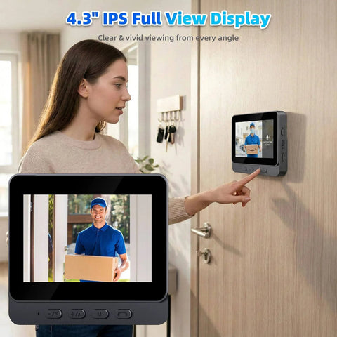 Woman using Wireless Video Doorbell Camera With Indoor Monitor No WiFi Or App Required 2 4G Local Transmission 2-Way Audio Easy Setup For Home Security Ideal For House Apartment Office And Seniors Who Prefer Local Data on a wall