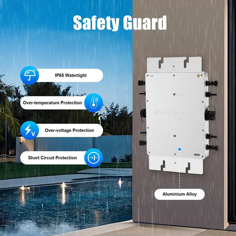 1200W Grid Tie Inverter MPPT Pure Sine Wave DC To AC For Solar And Wind Power mounted outdoors, showing safety features and aluminum alloy housing