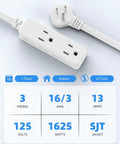 Six Foot Flat Plug Extension Cord With Three Grounded Outlets, Ultra Slim White Power Strip showing 3 prong design and details.