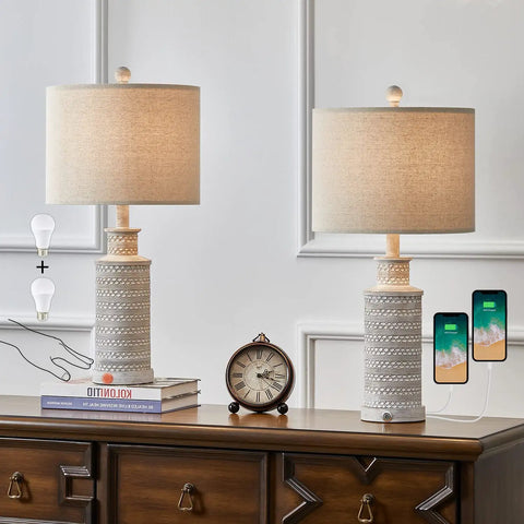 3 Way Dimmable Touch Control Table Lamp Set of 2 With USB Charging Ports for Bedroom and Living Room Vintage Rustic Farmhouse Nightstand Lamps Bulbs Included on wooden table.