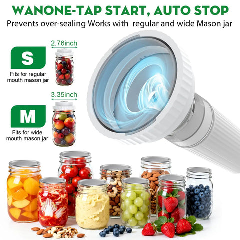 Sizes of compatible mason jars with 3-In-1 Vacuum Sealer for Food Compatible With Vacuum Bags Mason Jars and Wine Bottles Handheld Saver Kit With 14 Reusable Bags 14 Mason Jar Lids and Wine Stopper For Freshness Up To 6x Longer