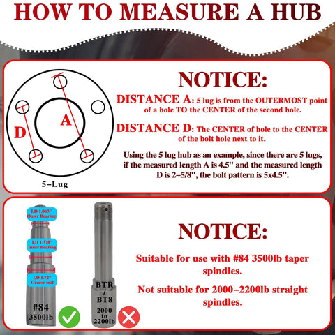 Diagram showing how to measure a 5-lug hub and spindle compatibility for two pack galvanized trailer idler hub kits 5 on 4.5 in 5 lug 5x4.5 pre installed and lubricated for 3500 lbs axles with 84 spindle tapered one and one sixteenth inch to one and three eighths inch boat trailer