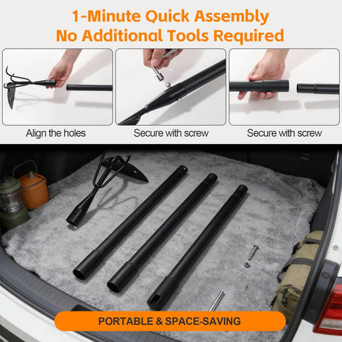 Disassembled Heavy Duty 52 Inch 2 In 1 Hoe And Cultivator Rake for Weeding, three long handles and steel head, in car trunk