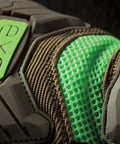 Close-up of Exo Motor Impact Glove showing TPR impact protection details in brown and green, size XL for heavy-duty work.