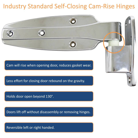 Tough As Nails Reversible Cam Rise Hinge Chrome Finish For Freezer Cooler And Refrigerator Doors with self-lubricating nylon cam.