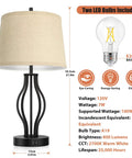Diagram showing a Two Pack Touch Control 3-Way Dimmable Table Lamp with beige fabric shade and included LED bulb details
