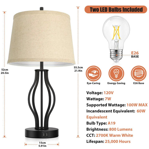 Diagram showing a Two Pack Touch Control 3-Way Dimmable Table Lamp with beige fabric shade and included LED bulb details
