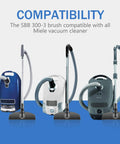 Three Miele vacuums with Parquet Twister Floor Brush Attachment For Miele Vacuums SBB 300-3 displayed, highlighting compatibility.