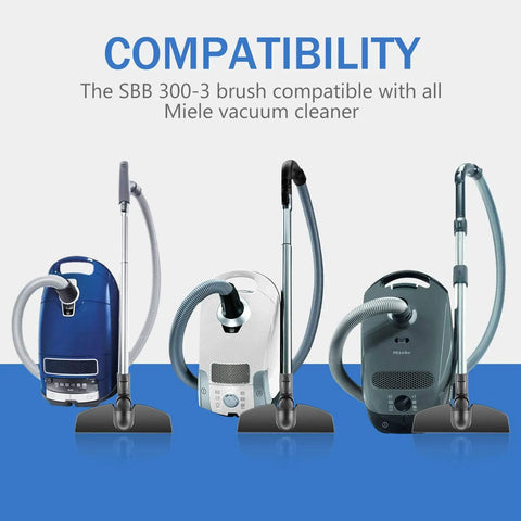 Three Miele vacuums with Parquet Twister Floor Brush Attachment For Miele Vacuums SBB 300-3 displayed, highlighting compatibility.