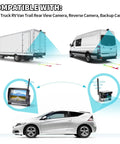 Image showing compatibility of rear view camera system with trucks, vans, and cars. Includes display and camera setup.