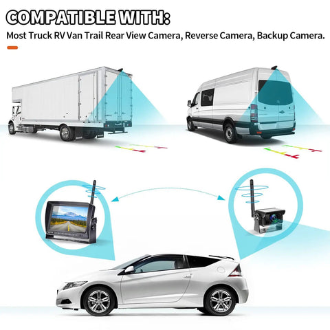 Image showing compatibility of rear view camera system with trucks, vans, and cars. Includes display and camera setup.