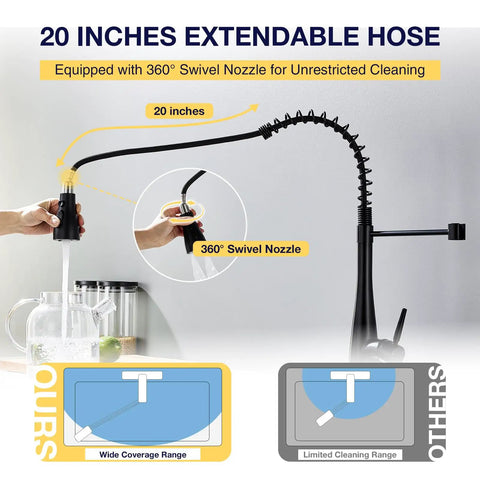 TOYWIA Kitchen Faucets with Pull Down Sprayer, High Arc Single Handle Classic Stainless Steel Sink Faucet 1 or 3 Hole, Suitable for Farmhouse Camper Laundry Rv Bar, Matte Black with 20-inch extendable hose and 360° swivel nozzle.