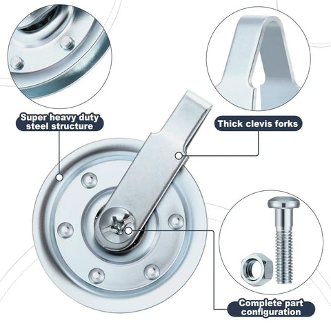 Close-up of a silver pulley with clevis forks and hardware, part of 8 Piece Beefed Up Garage Door Pulley Kit 3 Inch 200Lb.