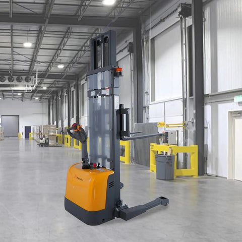 Powerful 3300 Lb Capacity Electric Pallet Stacker With Drive And Lift Features adjustable forks in a warehouse setting.