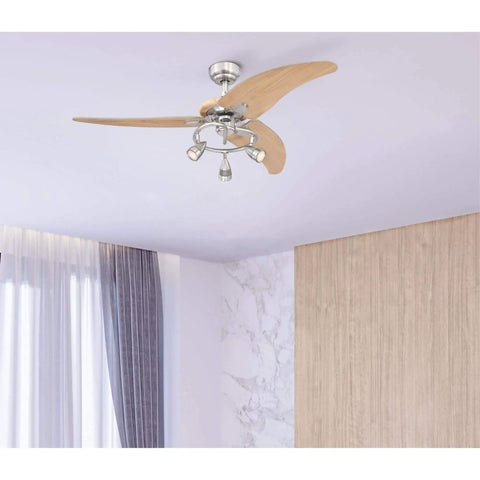 48 Inch Ceiling Fan With Light In Brushed Nickel Finish, Beech Blades, LED Light Kit in modern living room.