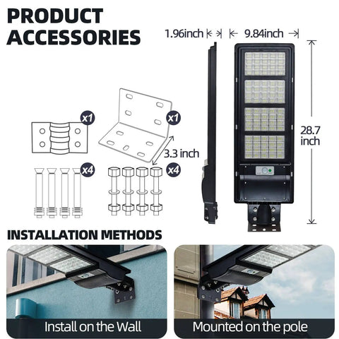 Beefed Up 300W Solar Street Light With 8000LM Flood Lights Outdoor Waterproof Motion Sensor And Remote 6000K, installation accessories and methods
