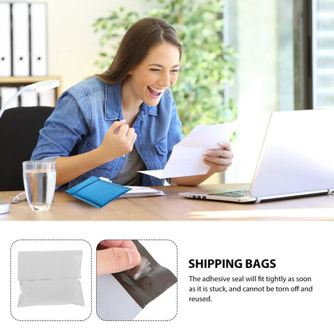 Person smiling at desk with laptop and letter, image of White Poly Mailer Envelopes 16x22 Inches Self Sealing Shipping Bags shown below