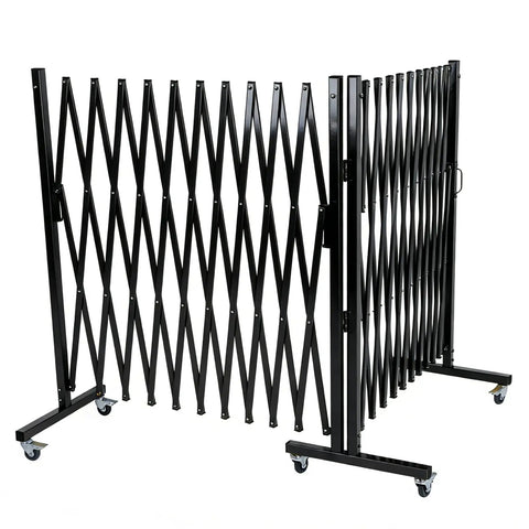 Beefy Pro Heavy Duty Expandable Steel Safety Gate With Smooth Glide Casters Mobile Scissor Safety Barrier, black, mobile design.