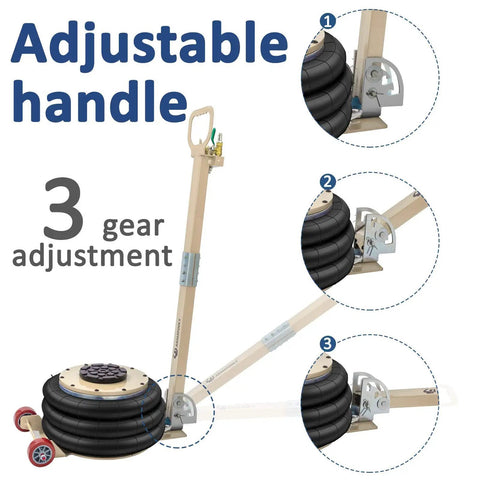 Heavy Duty Pneumatic Floor Jack Beast With 6600 Lbs Capacity And 5.9 To 15.75 Inch Lift Range Quick 5 Second Lift Long Adjustable Folding Handle White 3 Ton Air Jack For Cars And SUVs showing adjustable handle with 3 gear positions.